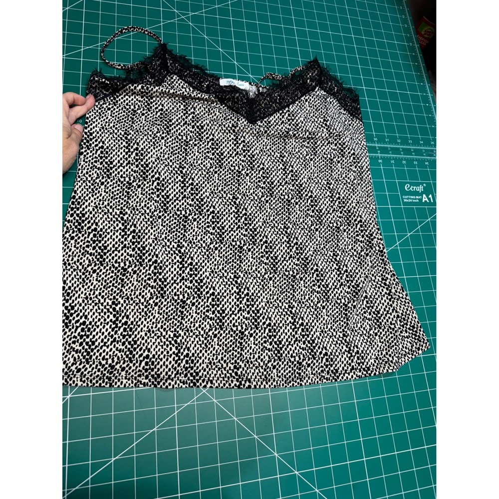 Grace & Lace Animal Print Camisole Top Black Eyelash Lace Trim Large NWT